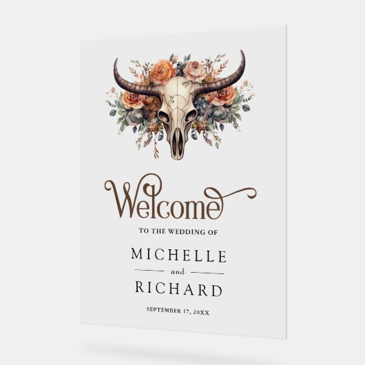 Boho Floral Cow Skull Western Wedding Welcome Acryl Bord (Hoek)