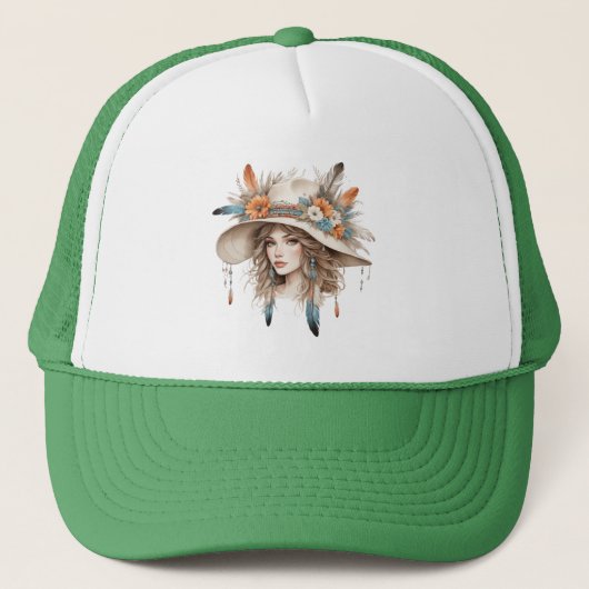 Boho Floral Cowgirl Hat – Women’s Style Trucker Pet (Voorkant)