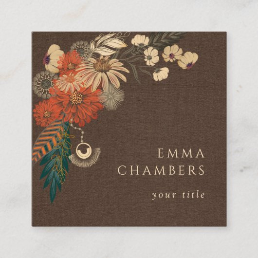 Boho Floral Cream Bruin Linnen Visitekaartje (Voorkant)