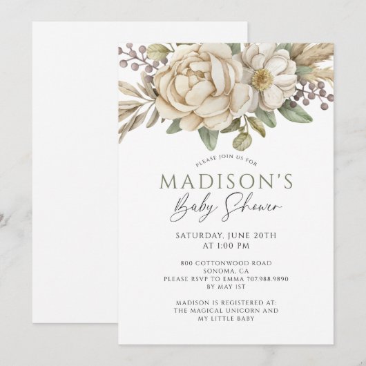 Boho Floral Cream Wit Baby shower Kaart (Voorkant / Achterkant)