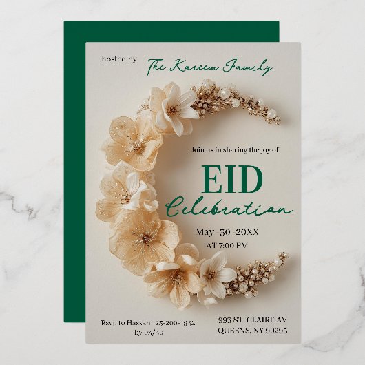 Boho Floral Crescent Eid Party Invitation  Folie Feestdagenkaart (Voorkant / Achterkant)