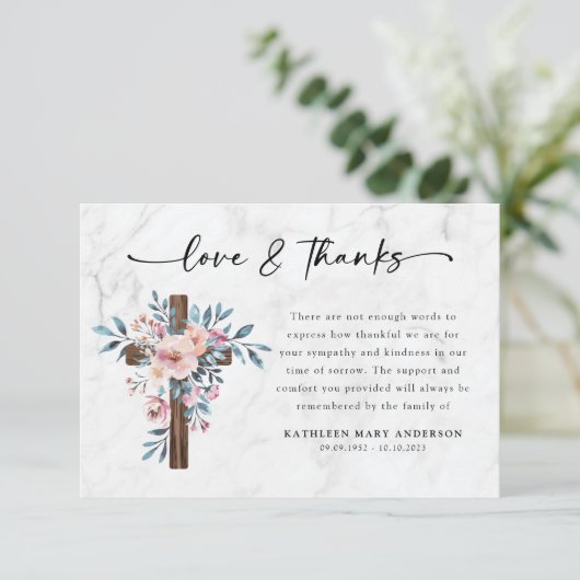 Boho Floral Cross Script begrafenis Bedankkaart (Staand voorkant)