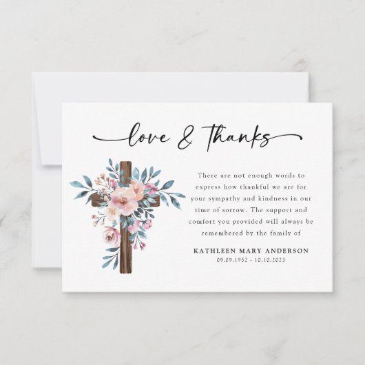 Boho Floral Cross Script begrafenis Bedankkaart (Voorkant)