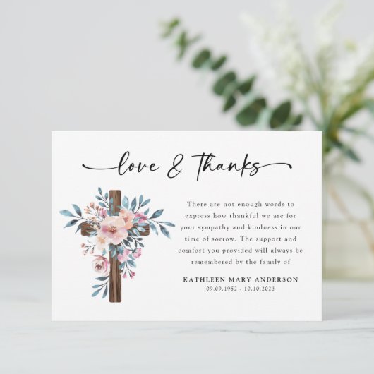 Boho Floral Cross Script begrafenis Bedankkaart (Staand voorkant)