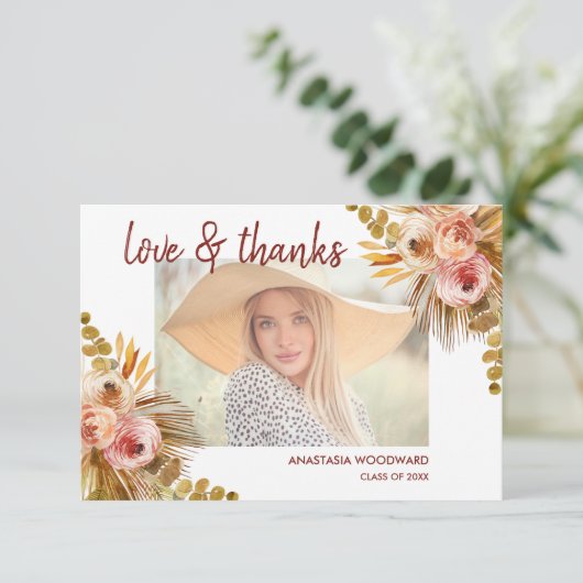 Boho Floral Custom Photo Afstuderen Dank u Bedankkaart (Staand voorkant)