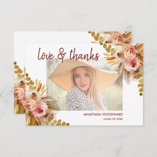 Boho Floral Custom Photo Afstuderen Dank u Bedankkaart (Voorkant / Achterkant)