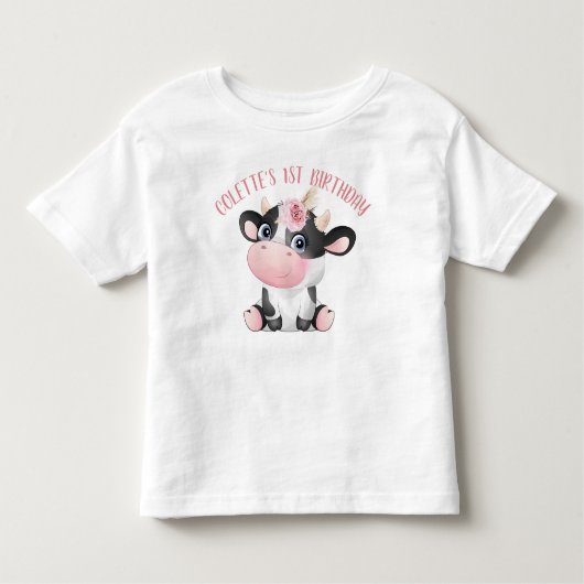 Boho Floral Cute Koe First Birthday Baby T-Shirt (Voorkant)