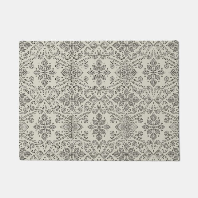 Boho Floral Damask Line Art, Black on Beige Deurmat (Voorkant)