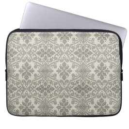Boho Floral Damask Line Art, Black on Beige Laptop Sleeve