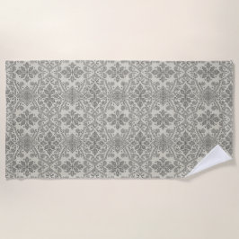 Boho Floral Damask Line Art, Black on Beige Strandlaken
