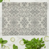 Boho Floral Damask Line Art, Black on Beige Theedoek (Gevouwen)