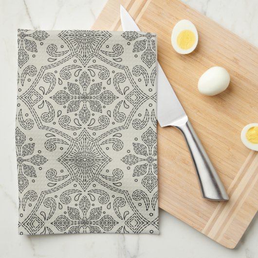 Boho Floral Damask Line Art, Black on Beige Theedoek (Quarter Fold)