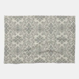 Boho Floral Damask Line Art, Black on Beige Theedoek
