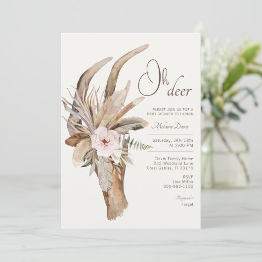 Boho Floral Deer Baby shower Uitnodiging – Waterco (Staand voorkant)