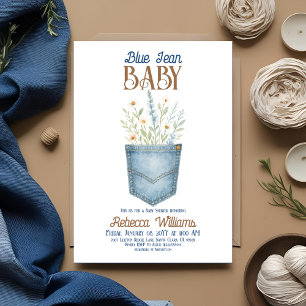 Boho Floral Denim Boy Blue Jean Baby shower Kaart