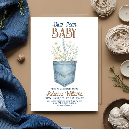 Boho Floral Denim Boy Blue Jean Baby shower Kaart