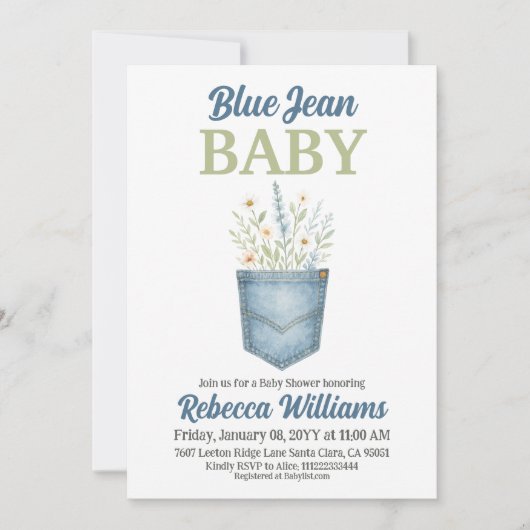 Boho Floral Denim Pocket Blue Jean Baby shower Kaart (Voorkant)
