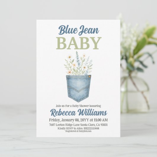 Boho Floral Denim Pocket Blue Jean Baby shower Kaart (Staand voorkant)