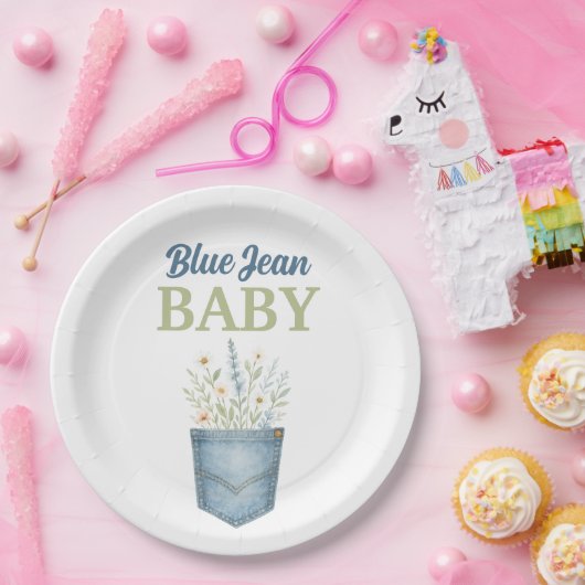Boho Floral Denim Pocket Blue Jean Baby shower Papieren Bordje (Feest)