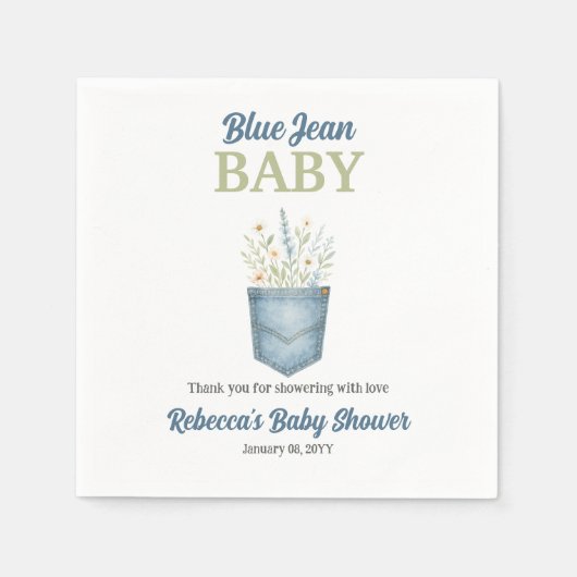 Boho Floral Denim Pocket Blue Jean Baby shower Servet (Voorkant)