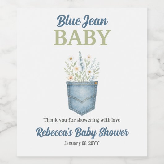 Boho Floral Denim Pocket Blue Jean Baby shower Wijn Etiket (Enkel label)