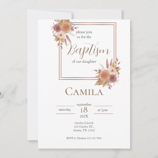 Boho Floral doop uitnodiging voor meisje in het Sp (Voorkant)