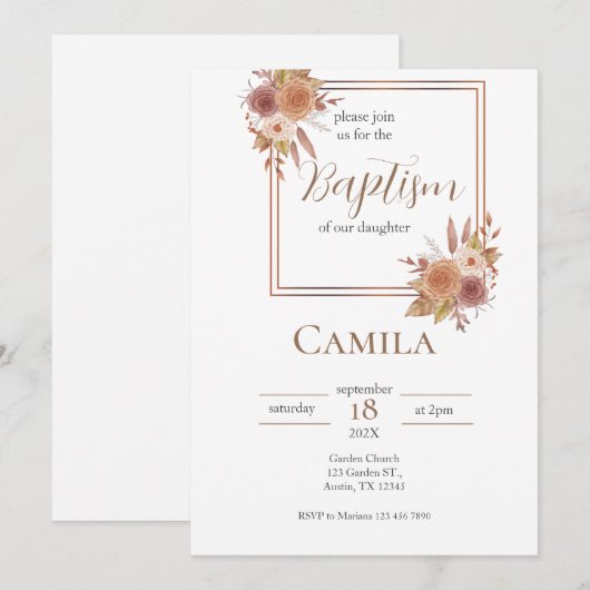 Boho Floral doop uitnodiging voor meisje in het Sp (Voorkant / Achterkant)