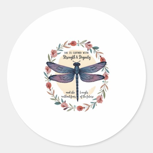 Boho Floral Dragonfly She Is Clothed With Strength Ronde Sticker (Voorkant)