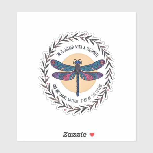 Boho Floral Dragonfly She Is Clothed With Strength Sticker (Vel)