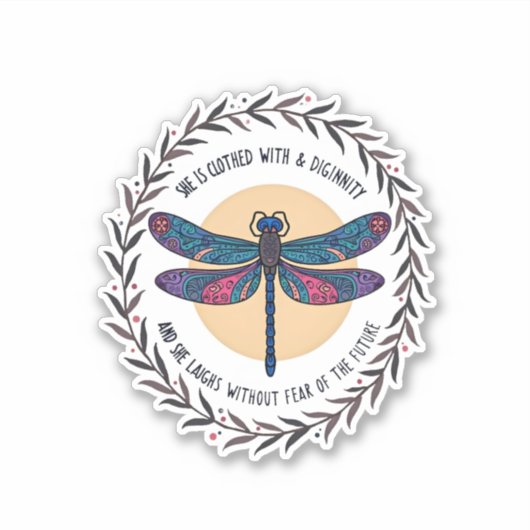 Boho Floral Dragonfly She Is Clothed With Strength Sticker (Voorkant)