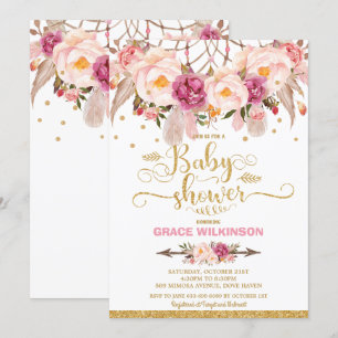 Boho Floral Dream Catcher Baby shower Girl Kaart