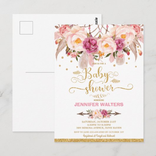 Boho Floral Dream Catcher Baby shower Uitnodiging (Voorkant / Achterkant)