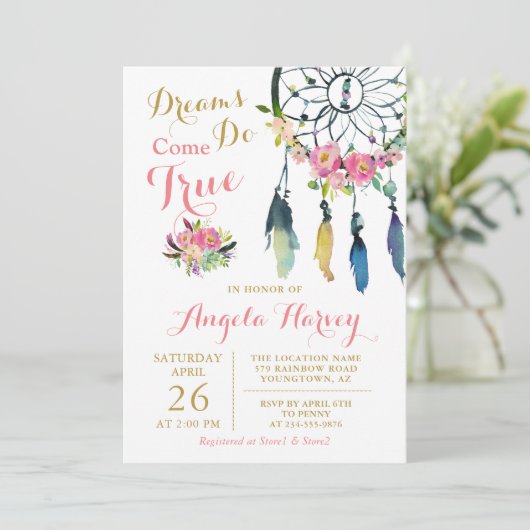 Boho Floral Dream Catcher Pink & Gold Baby shower Kaart (Staand voorkant)