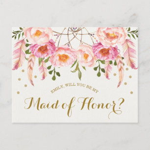 Boho Floral Dreamcatcher Be My Maid of Honor Kaart