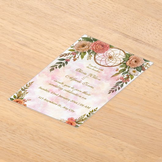 Boho Floral Dreamcatcher Huwelijksuitnodiging Acryl Uitnodigingen (Laagn)