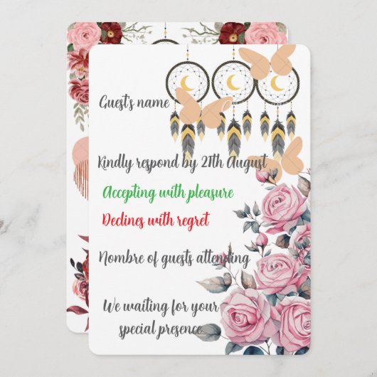 Boho Floral Dreamcatcher Wedding RSVP Kaart (Voorkant / Achterkant)