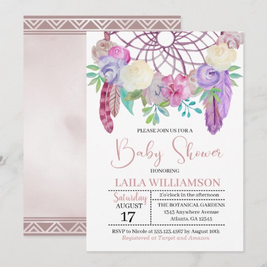 Boho Floral Dreamweaver Baby shower Uitnodiging (Voorkant / Achterkant)