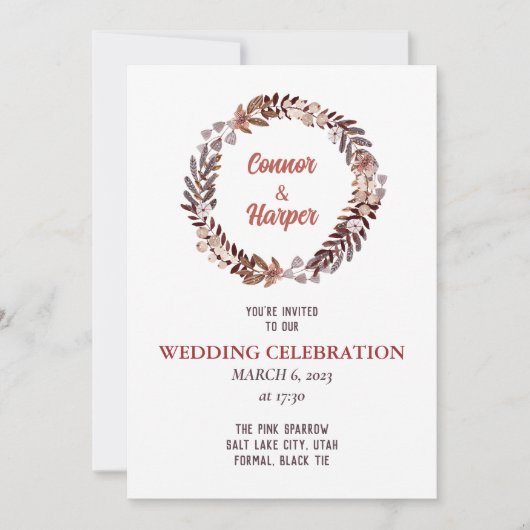 Boho Floral Dried wreatbruiloft Uitnodiging (Voorkant)