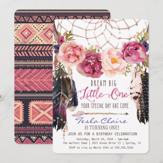 Boho Floral drocatcher 1st Birthday Uitnodiging (Voorkant / Achterkant)