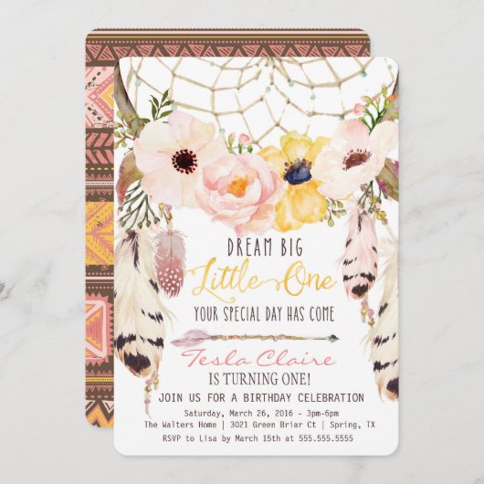 Boho Floral Drocatcher First Birthday Invitation Kaart (Voorkant / Achterkant)