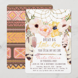 Boho Floral Drocatcher First Birthday Invitation Kaart