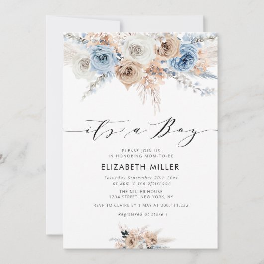 boho floral dusty blue baby shower call kaart (Voorkant)