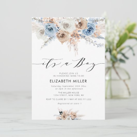boho floral dusty blue baby shower call kaart (Staand voorkant)