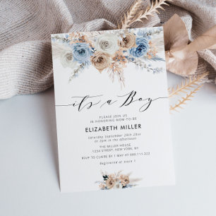 boho floral dusty blue baby shower call kaart