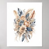 Boho Floral Dusty Blue Beige Waterverf Poster (Voorkant)