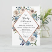 Boho Floral Dusty Blue Roos Gold Baby shower Kaart (Staand voorkant)