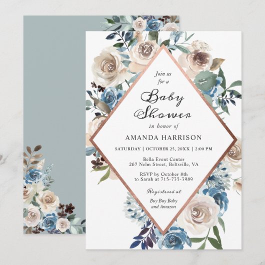 Boho Floral Dusty Blue Roos Gold Baby shower Kaart (Voorkant / Achterkant)