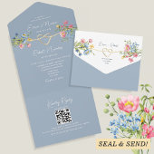 Boho Floral Dusty Blue Wedding All In One Uitnodiging