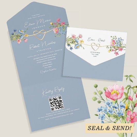 Boho Floral Dusty Blue Wedding All In One Uitnodiging