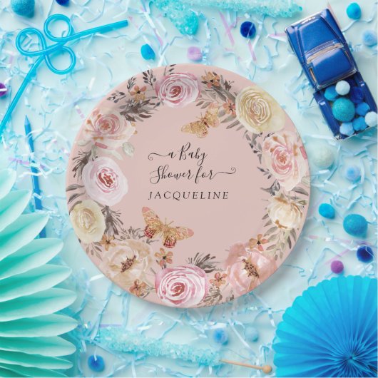 Boho Floral Dusty Blush Roze Modern Baby shower Papieren Bordje (Feest)